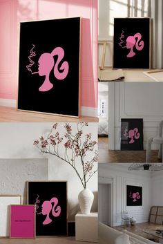 pink and black silhouettes are displayed on the wall