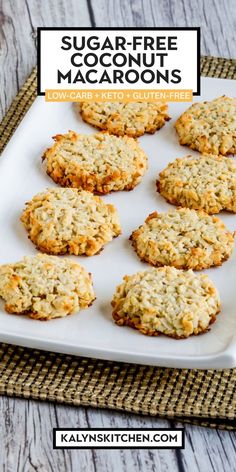 Pinterest image for Sugar-Free Coconut Macaroons shown on serving plate. Gluten Free Macaroons, Macaroon Cookies Recipe, Monkfruit Sweetener, Tomatoes Recipes, Coconut Macaroons Recipe, Macarons Macaroons, Macaroon Cookies, 12 Tomatoes Recipes, Desserts Keto