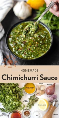 homemade chimichurri sauce in a bowl with herbs and lemons on the side