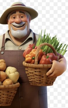 an old man holding two baskets full of fresh vegetables, including onions and carrots