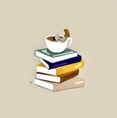 a stack of books with a cup of coffee on top of one and a pile of other