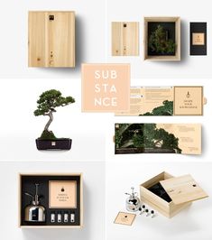 an assortment of wooden boxes containing various items including a bonsai tree, soap and lotion