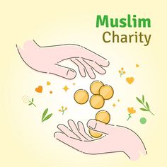 two hands reaching for gold coins with the words muslim charity written above them on a yellow background