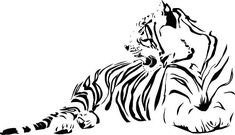 a black and white drawing of a tiger laying on the ground with its head down