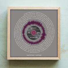 a framed poster with an image of a record in the center and words on it