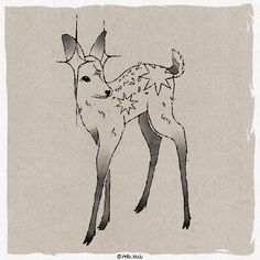 a black and white drawing of a deer with stars on it's antlers