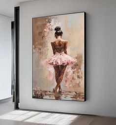 a painting of a woman in a pink dress is hanging on the wall next to a door