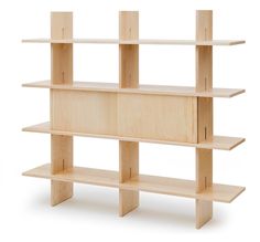 a wooden shelf with three shelves on one side and two smaller shelvings on the other