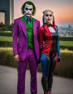 two people dressed up as the joker and the person from batman comics standing next to each other