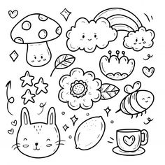 a black and white drawing of cute animals with flowers, mushrooms, hearts, stars