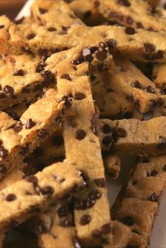 chocolate chip cookie bars stacked on top of each other