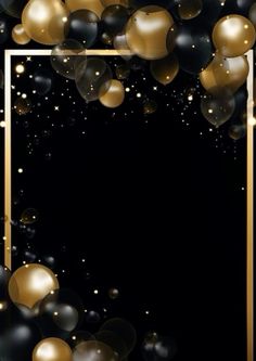 black and gold balloons with a white square frame on the left side, surrounded by confetti