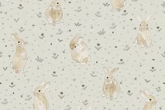 an animal themed wallpaper with rabbits and butterflies on the back ground, in neutral tones