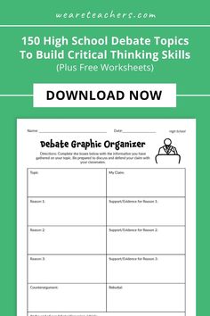 Give your high school student a head start in developing strong critical thinking skills by downloading our comprehensive list of 150 High School Debate Topics. With these topics, they'll build confidence, hone their arguments, and excel in debates both in the classroom and beyond! Download Now! High School Debate, High School English Lesson Plans, Debate Topics, High School Books, English Lesson Plans, School Essay, Social Studies Worksheets, Social Studies Resources