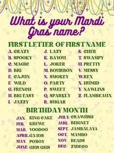 what is your mardi gras name? poster with the names of each event