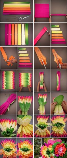 the steps to make an origami flower bouquet with colored paper and flowers on them