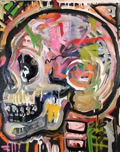 a painting of a skull with colorful paint splattered on it