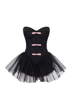 Cute and playful tutu black mini dress with pink bows. Featuring a strapless fitted drop-waist bodice with built-in cups and a hidden zip closure for structure and support. The soft pink bow appliqués and a puffy tulle skirt bring a quirky, almost theatrical vibe to the look.Details: Material: Khayal Fabric composition: 92% Polyester; 8% Elastan Sleeve style: Sleeveless Silhouette: Fitted Skirt length from waist: 5.9 inches / 15 cm Neckline: Sweetheart Back: Zip closure Lining: Mini-length skirt Black 21st Birthday, Asymmetrical Dress Casual, Puffy Tulle Skirt, Milla Dresses, 21st Birthday Outfit, Skirt Tutu, Elegant Wedding Guest Dress, Princess Silhouette, Classy Gowns