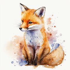 a watercolor painting of a fox sitting on the ground