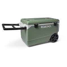 an igloo cooler on wheels with the lid open and handle extended to it's side