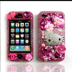 a hello kitty phone case with pink flowers and pearls on it's side, sitting next to an iphone