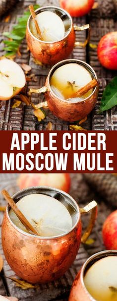 apple cider moscow mules with cinnamon sticks and apples in the background