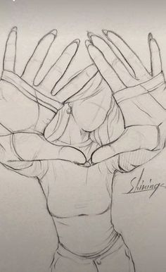 a pencil drawing of a person holding their hands up in the shape of a heart