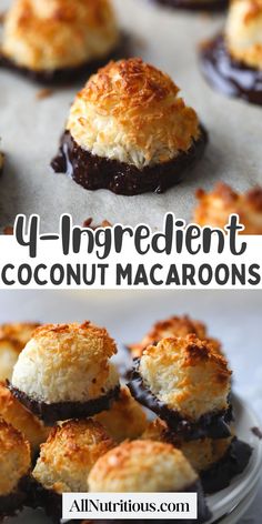 chocolate covered coconut macaroons on a plate with the words, 4 ingredient coconut macaroons