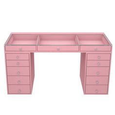 a pink desk with three drawers on top