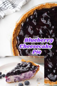 a blueberry cheesecake pie on a white plate