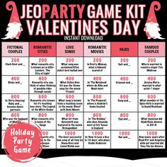 the jeo party game kit for valentine's day is shown in pink and black