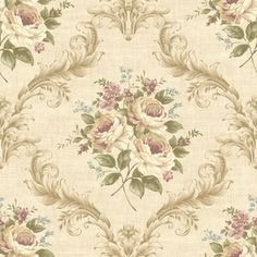 an old fashioned wallpaper with roses and leaves on the side, in beige tones