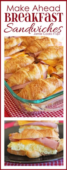 a close up of bread with ham on it and the words make ahead breakfast sandwiches