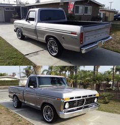 two pictures of the same truck parked in front of a house, one is silver and the other is black