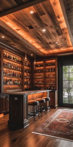 a large room with wooden shelves and bar stools