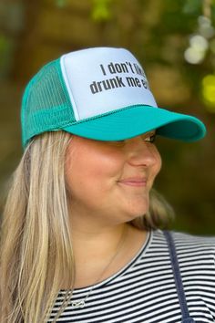 This heat-pressed cap features a breathable mesh back and an adjustable snap closure. Perfect for those hot summer days, beach outings, or casual wear. A trucker hat style for a cool look. Says "I Don't Like Drunk Me Either" Summer Trucker Hat With Curved Bill, Green Mesh Trucker Snapback Hat, Spring Trucker Hat For Outdoor Activities, Summer Baseball Cap With Mesh Back, Summer Trucker Snapback Hat, Breathable Trucker Hat Visor For Summer, Summer Mesh Baseball Cap With Mesh Back, Summer Mesh Back Baseball Cap, Green Trucker Hat For Beach