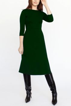 3/4 Sleeve BCI Cotton Boatneck Mid-calf Flared Dress -- Forest Green – Cobalt Street Green Fall Dresses, Midi Dress Winter, Green Autumn, Chicago Usa, Mid Calf Dresses, Flared Dress, Autumn Dress, Green Outfit, Winter Dress