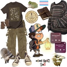 Different Type Of Clothing Styles, Cryptid Aesthetic Clothes, Outfit Boards Men, Trans Outfits Ftm For School, Gravity Falls Aesthetic Outfit, Gravity Falls Outfit Ideas, Halloween Vibes Outfit, Cryptidcore Outfit Male, Gravity Falls Inspired Outfits