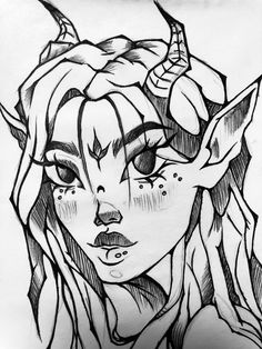 a drawing of a woman's face with horns