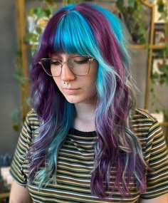 Fashion Colored Hair, Unique Vivid Hair Color, Vivid Hair Color Inspiration, Colorful Split Dyed Hair, Fun Vivid Hair Colors, Funky Coloured Hair, Two Colour Hair Color Combos, Hair Color Multicolor, Summer Fun Hair Color