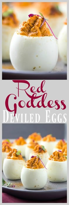 deviled eggs on a plate with text overlay that reads red goddess deviled eggs