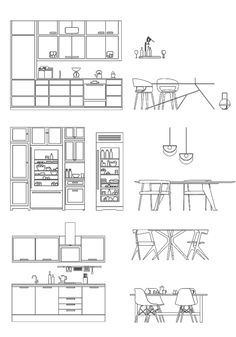 some drawings of kitchen furniture and appliances