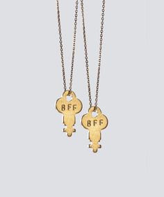 Set includes two dainty key necklaces hand-stamped with BFF Each necklace set will feature the same word pairing Each necklace features a gold key measuring 3/4"x1" and a branded logo tag Each key is unique and may not be identical to those in the photo Best Friend 2, Giving Keys, Friend 2, Key Jewelry, Best Friend Jewelry, Best Friend Necklaces, Crystal Choker Necklace, Boho Choker, Diamond Choker