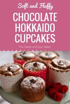 chocolate hokkado cupcakes on a plate with raspberries