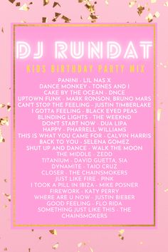 dj rundat's birthday party list with gold confetti around it