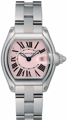 W62017V3 | CRW62017V3 CARTIER ROADSTER WOMEN'S STEEL WATCH - Free Overnight Shipping - With Manufacturer Serial Numbers - Swiss Made - Sunray Pink Dial - Roman Numeral Hour Markers - Minute Track Around an Inner Ring - Polished Stainless Steel Bezel - Date Feature     Magnified Date Window at 3 O'Clock - Sword Shaped Black Hands - Battery Operated Quartz Movement - Cartier Caliber 688 - 3 Year Warranty - Guaranteed Authentic - Certificate of Authenticity - Manufacturer Box & Manual - Polished with Brushed Stainless Steel Case - Polished with Brushed Stainless Steel Bracelet - Scratch Resistant Sapphire Crystal - 100 Meters / 330 Feet Water-Resistant - 36mm x 30mm = 1 3/8" x 1 1/8" Case - Will Fit Up to 6.5" Wrist - Case Thickness: 9.2mm - Inlet Size: 15mm - Fixed Bezel - Solid Case Back - Cartier Calibre, Cartier Roadster, Rolex Women, Black Hands, Pink Watch, Quartz Pink, Cartier Men, Authentic Watches, Free Bracelet