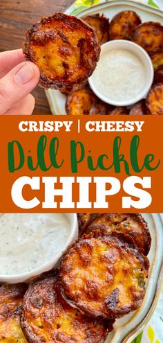 crispy and cheesy dill pickle chips with ranch dip in the background