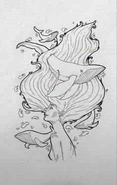 a drawing of a mermaid with her hair blowing in the wind