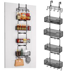 two shelves with hanging baskets on them next to a wall mounted shelf filled with food and condiments