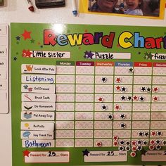 a reward chart is displayed on the wall in front of pictures and magnets for children